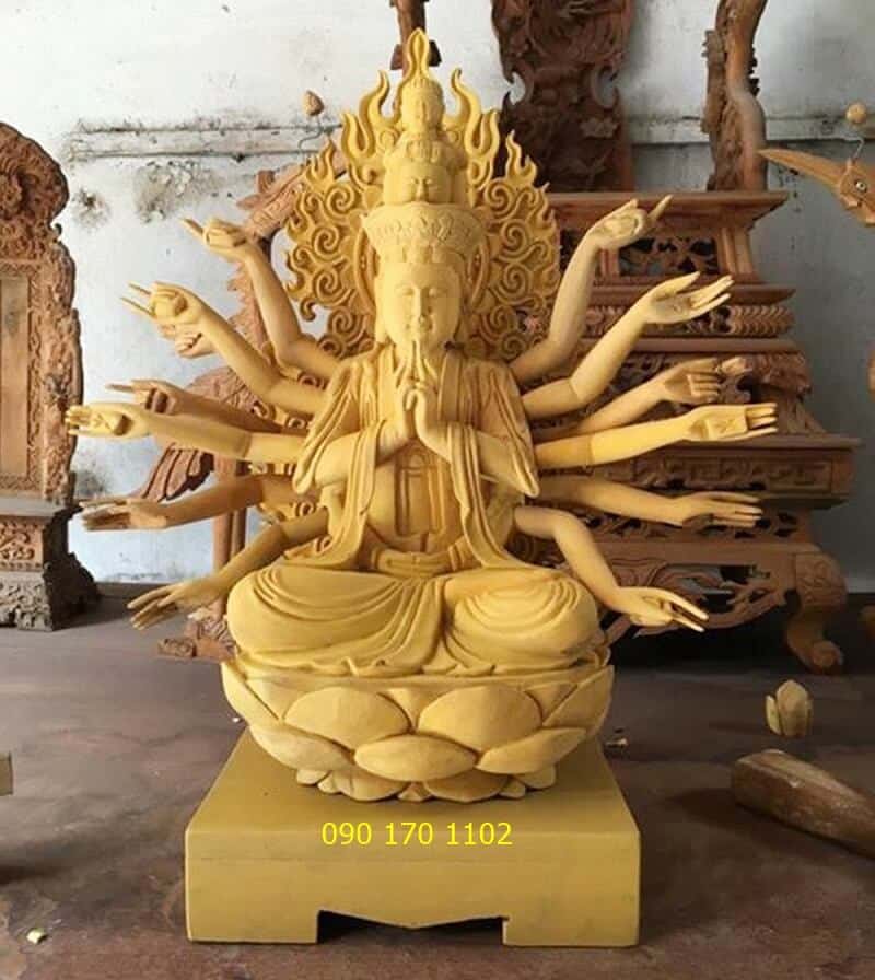 Tượng Phật Bà ngồi đài sen bằng gỗ mít 